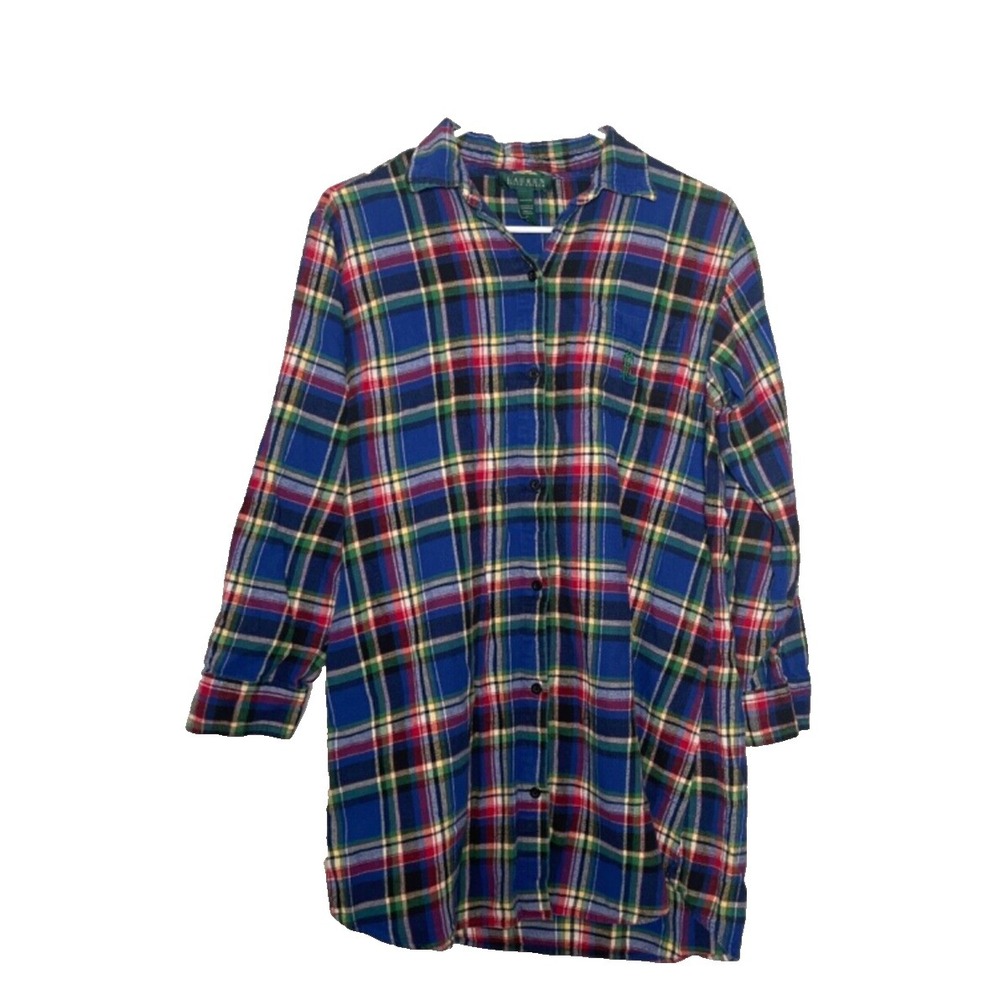 Ralph Lauren Flannel Shirt Women's Medium Blue Plaid 3/4 Sleeve PreppyCabincore